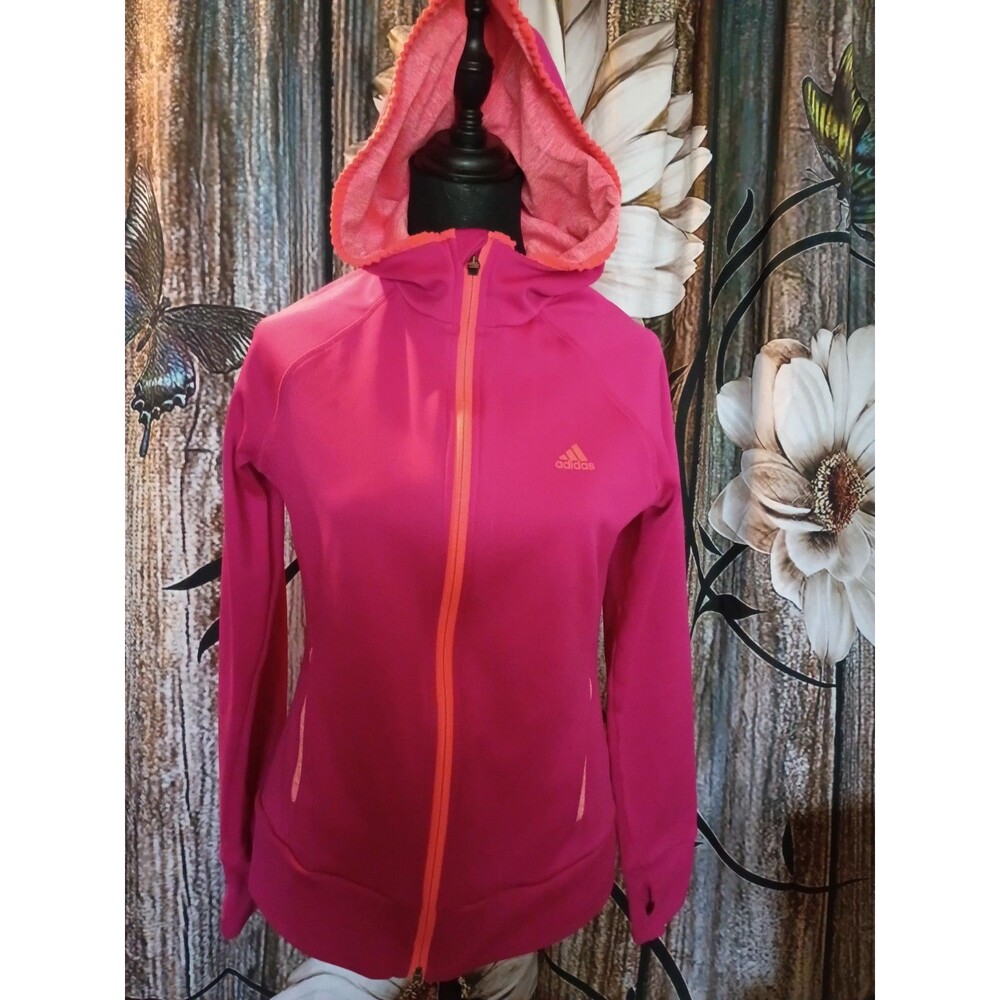 Adidas Climawarm Full Zip Hoodie Sz M Fuschia Orange Sherbet Pockets 12/14